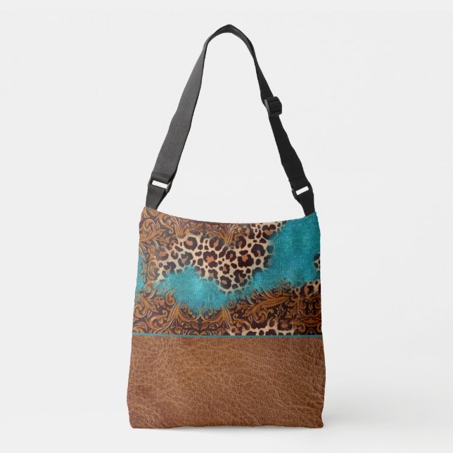 Western turkos Glitter Leather Flourish Leopard Axelväska (Framsida)