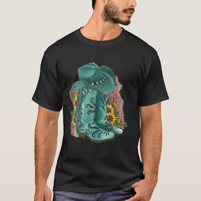 Western Turquoise Cowboy Boots Hat And Sunflowers  T Shirt (Framsida)