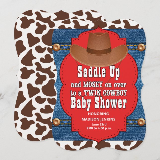Western Twin Cowboys Baby Shower Inbjudningar (Fram/baksida)