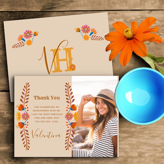 Western typografi av mexikansk Blommigt, monogram  Tack Kort (Monogrammed photo thank you card from my mexican floral collection)