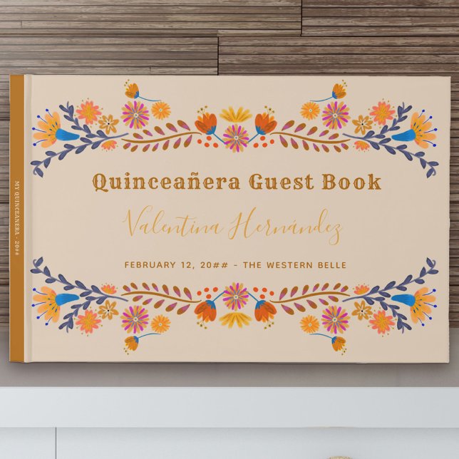 Western typografi av mexikansk Blommigt Quinceaner Gästböcker (Quinceanera Guest Book to gather signature and well wishes from the special day)