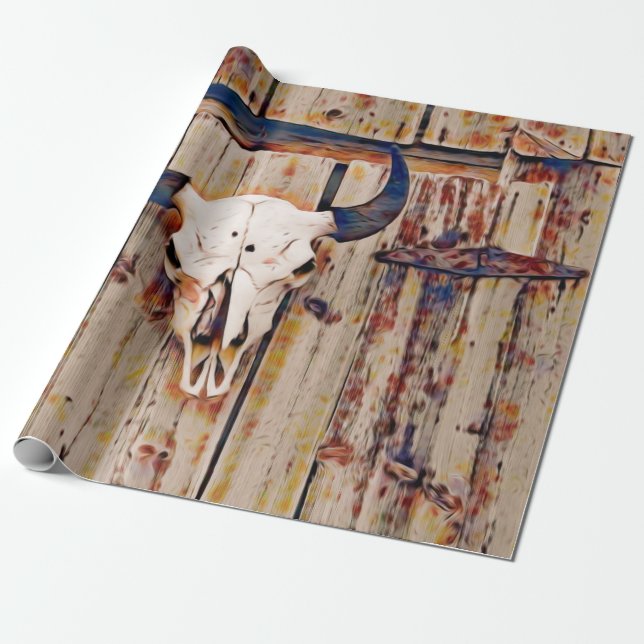 Western Vintage Bull Skull Brown Rustic Barn Presentpapper (Utrullad)