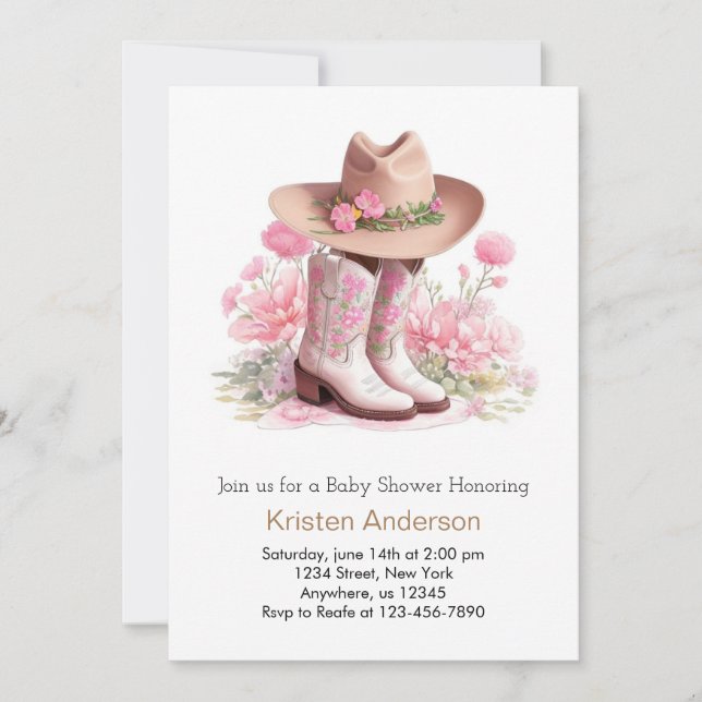 Western Watercolor Wildblomma Cowgirl Baby Shower Inbjudningar (Framsida)