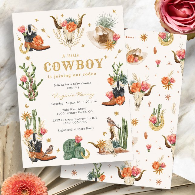 Westerna babyskor för CowboyVild Inbjudningar (Boho Cowboy Wild West Baby Shower Invitation by Painted Paperie
)