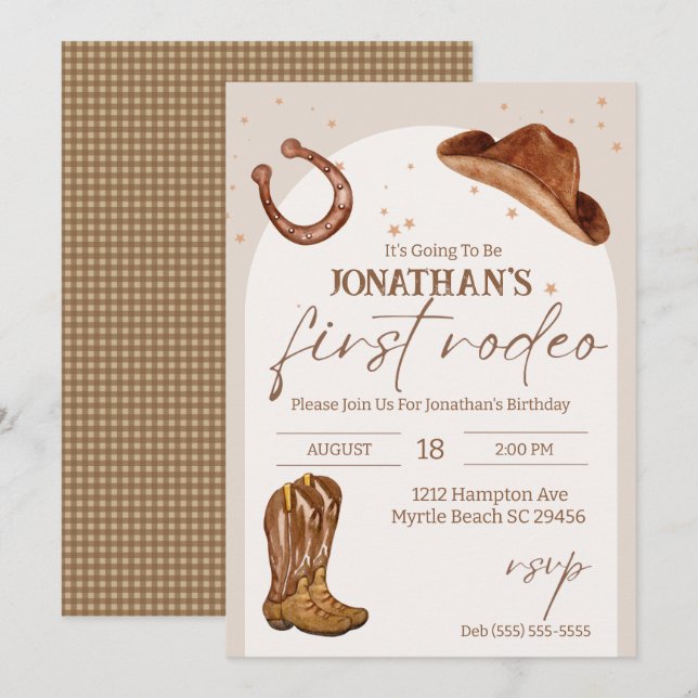 Westerna barn, Cowboy First Rodeo Birthday Inbjudningar (Fram/baksida)