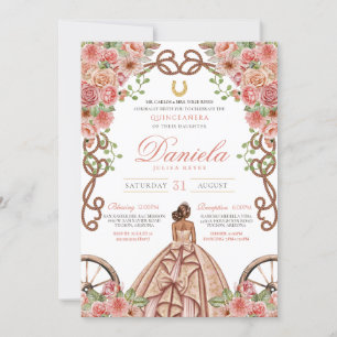 Westerna Blommigt Ro Charro Quinceanera, Guld Inbjudningar