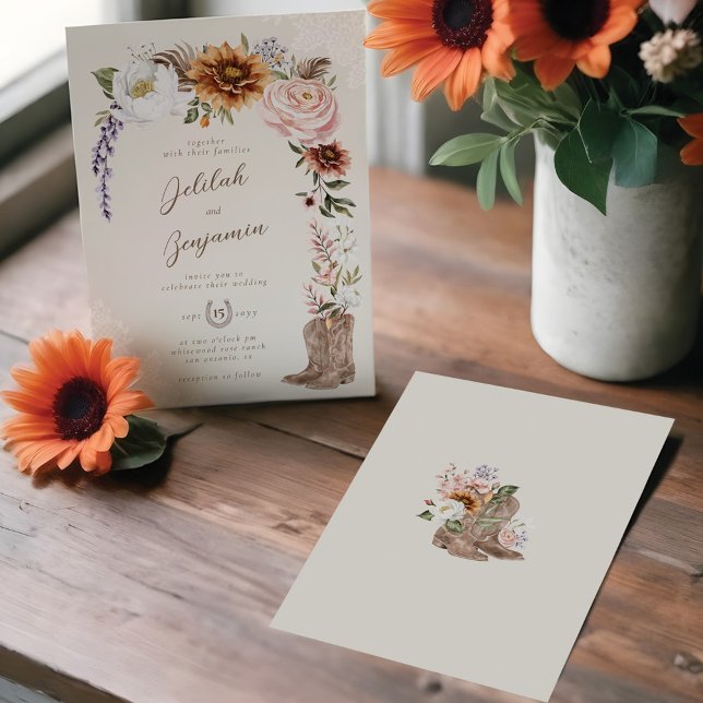 Westerna Blommigtar för vattenfärg CowboyBoots Brö Inbjudningar (Watercolor Florals Western Cowboy Boots Wedding Invitation)