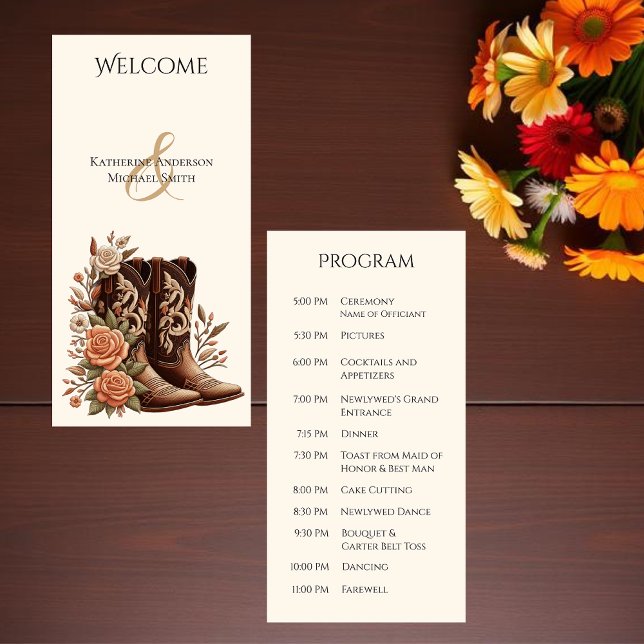 Westerna blommor från land med CowboyBoots (Wedding Program-Country Western-Flowers with Cowboy Boots)