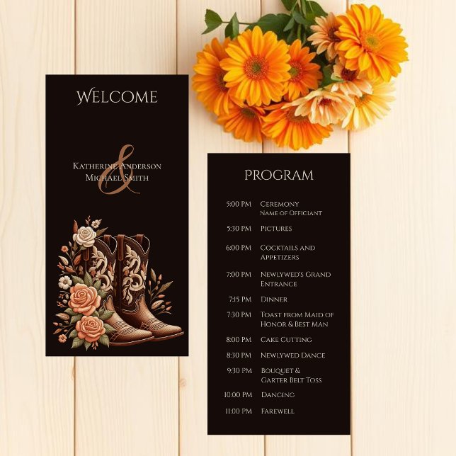 Westerna blommor från land med CowboyBoots (Country Western-Flowers with Cowboy Boots-Wedding Program)