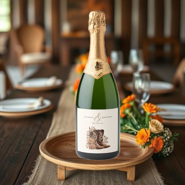 Westerna blommor från land med CowboyBoots (Country Western Flowers with Cowboy Boots Sparkling Wine Label )