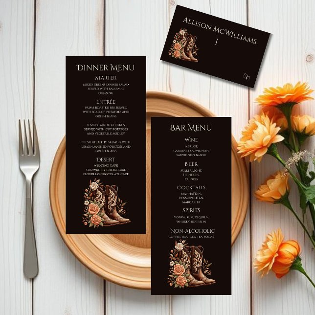 Westerna blommor från land med CowboyBoots Fish Bordsnummer (Country Western-Flowers with Cowboy Boots-Wedding Place Cards with Meal Icons)