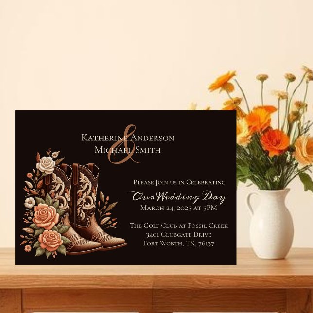 Westerna blommor från land med CowboyBoots Inbjudningar (Modern Elegant Country Western-Cowboy Boots with Flowers Invitation)