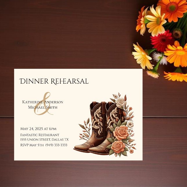Westerna blommor från land med CowboyBoots Inbjudningar (Country Western-Flowers with Cowboy Boots-Wedding Dinner Rehearsal)