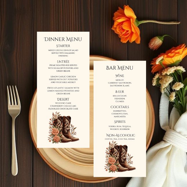 Westerna blommor från land med CowboyBoots Meny (Modern Country Western Wedding-Flowers With Cowboy Boots-Wedding Dinner and Bar Menu)