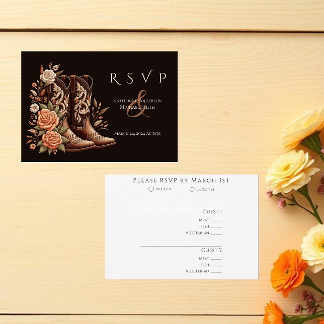Westerna blommor från land med CowboyBoots OSA Kort (Modern Elegant Country Western-Flowers with cowboy boots-wedding RSVP Card-meal choices)