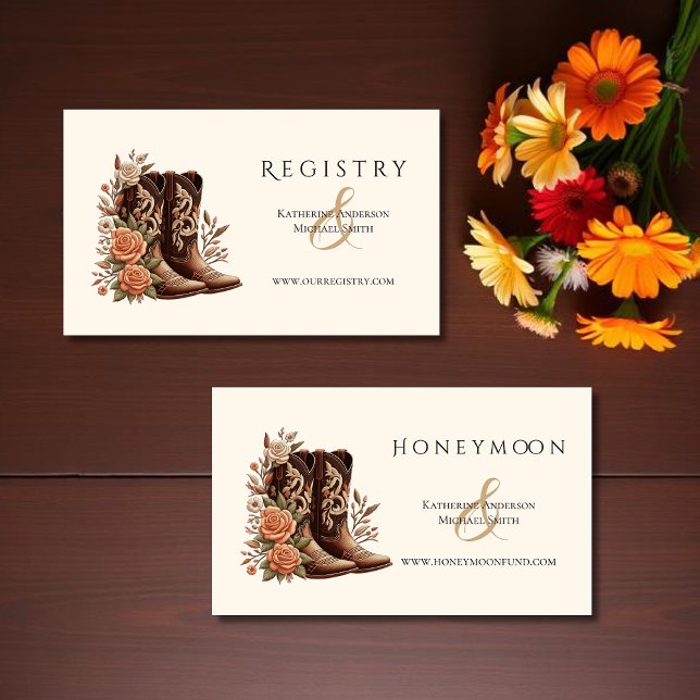 Westerna blommor från land med CowboyBoots Visitkort (Country Western Flowers with Cowboy Boots-Wedding Enclosure Cards-Registry and Honeymoon Fund)