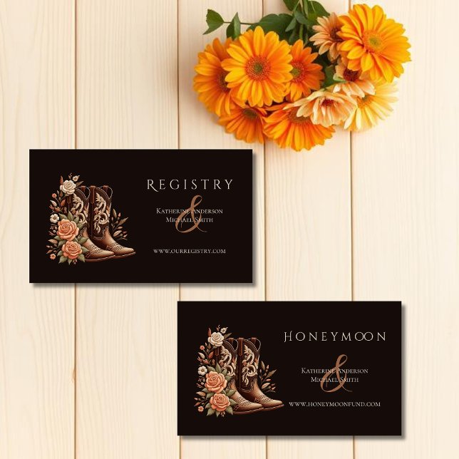 Westerna blommor från land med CowboyBoots Visitkort (Modern Elegant Country Western- Flowers with Cowboy Boots-Wedding Enclosure Cards-Registry and Honey)