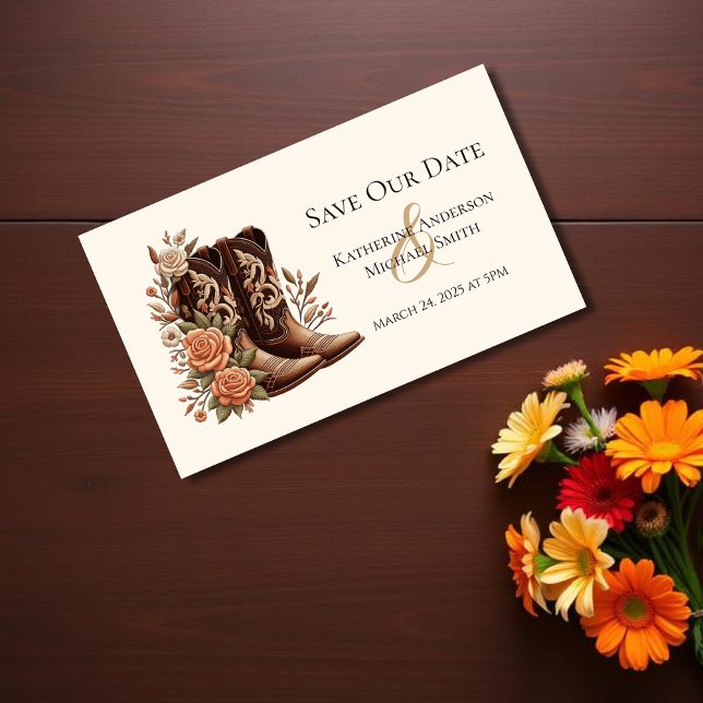 Westerna blommor från land med CowboyBoots Visitkort (Country Western Flowers with Cowboy Boots Save the Date)