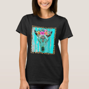 Westerna Boho Flowers Turcoise Cow Bull Skull Rode T Shirt
