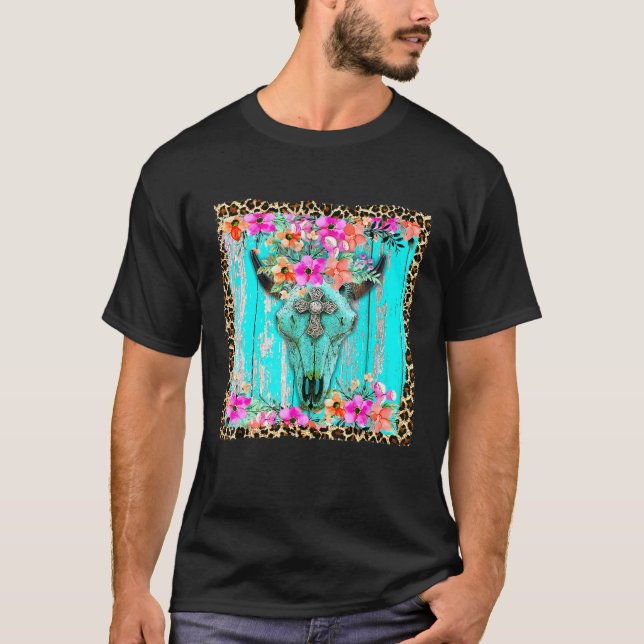 Westerna Boho Flowers Turcoise Cow Bull Skull Rode T Shirt (Framsida)