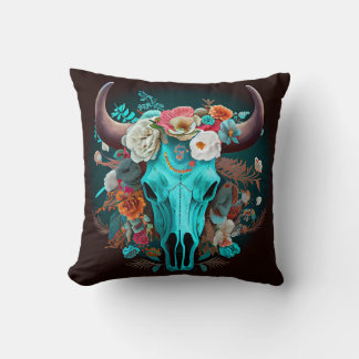 Westerna Boho Flowers Turcos Cow Bull Skull Kudde