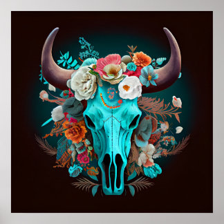 Westerna Boho Flowers Turcos Cow Bull Skull Poster