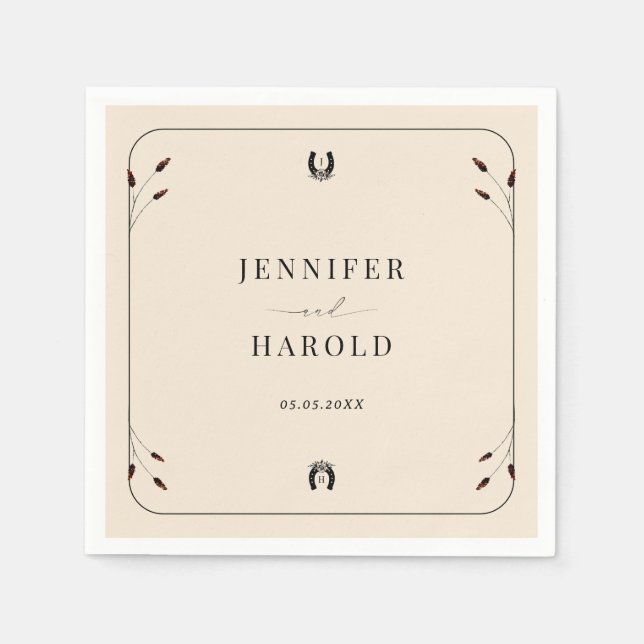 Westerna Boho Horseshoe Monogram Rustic Bröllop Pappersservett (Framsidan)