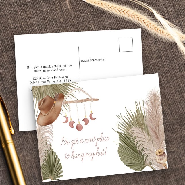 Westerna Boho New Ställe till Hat Flytta Meddelande Vykort (New Address postcard with boho wall art, pampas and dried palm leaves)