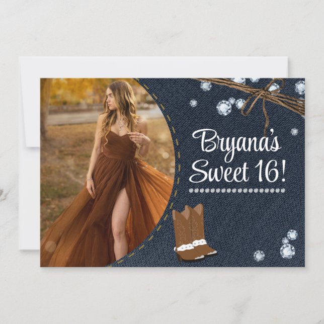 Westerna Boots Denim & Diamonds Birthday Photo Inbjudningar (Framsida)