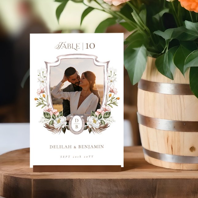 Westerna Bröllop Boho Blommigt Photo Vapensköld Ho Bordsnummer (Western Wedding Boho Floral Photo Crest Horseshoe Table Number)