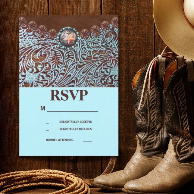 westerna bröllop OSA i brunt land Kort (turquoise brown country western wedding RSVP)