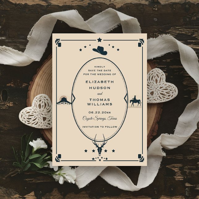 Westerna Bröllop Vintage Cowboy Rustic Ram Spara Datumet (western wedding save the date cowboy cowgirl country rustic ranch barn outdoor vintage elegant)