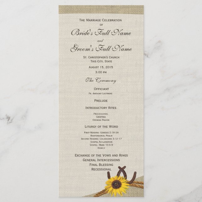 Westerna Bröllopsprogram av hästskos och solrosor Program (Framsida)