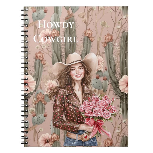 Westerna Brown Hair Cowgirl Rosa Cactus Flowers Anteckningsbok (Framsidan)