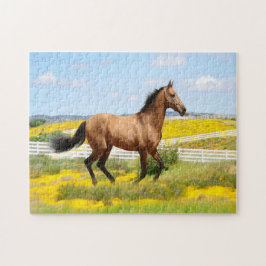 Westerna Buckskin Horse som löper genom Fält Pussel