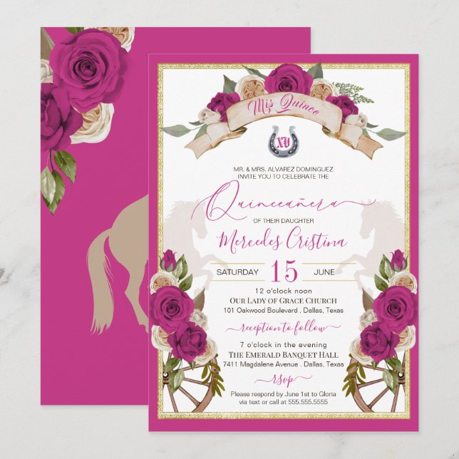 Westerna Charro Fuchsia Ro Horses Quinceanera Inbjudningar (Fram/baksida)