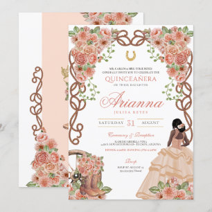 Westerna Charro Ro Guld Blommigt Quinceañera Inbjudningar