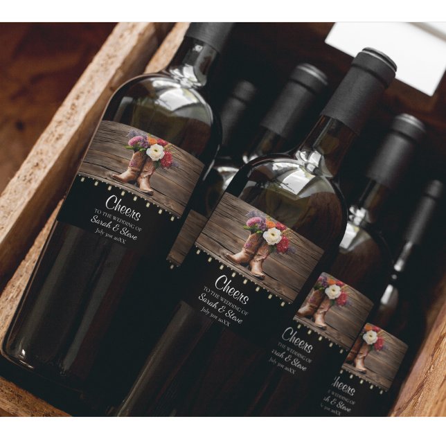 Westerna Cowboy Boots Blommigt Elegant bröllop Vinflaska Etikett (Floral Cowboy Boot Western Wedding Wine Labels)