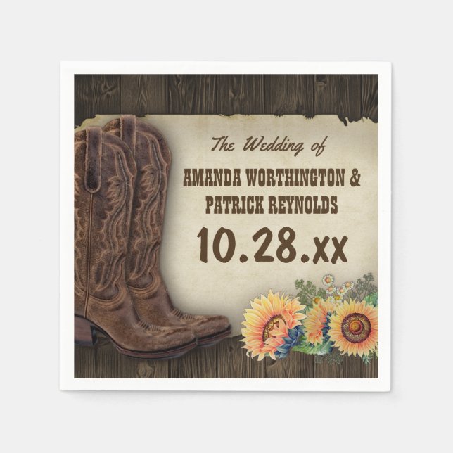 Westerna Cowboy Boots Solros Bröllop Napkins Pappersservett (Framsidan)