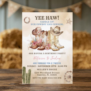 Westerna Cowboy Cowgirl Syskon Twin Birthday Inbjudningar