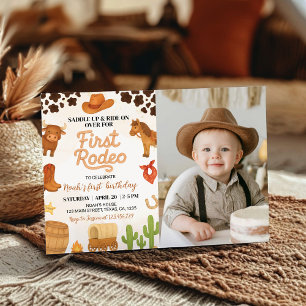 Westerna Cowboy First Rodeo Birthday Photo Inbjuda Tack Kort