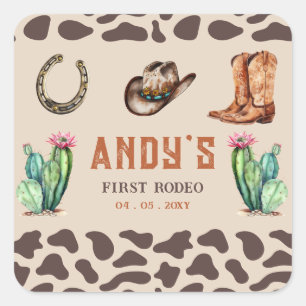 Westerna Cowboy First Rodeo Boys Birthday Fyrkantigt Klistermärke