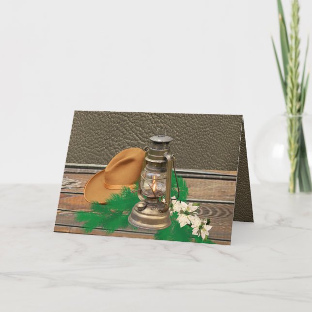 Westerna Cowboy Hat Lantern Faux Wood/Leather Kort (Framsida)