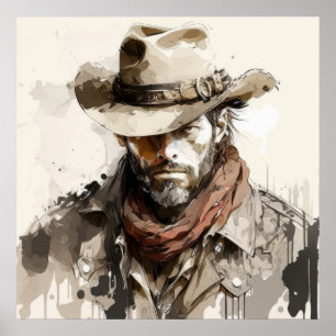 Westerna Cowboy Porträtt Painting Historical Horse Poster