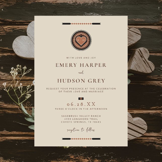 Westerna Cowboy Sweethearts Geometric Bröllop Inbjudningar (western wedding invitation cowboy southwest desert native tribal geometric brown earthy beige sandy)