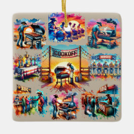 Westerna CowboyBBQ Cookoff Scenes 1 Julgransprydnad Keramik