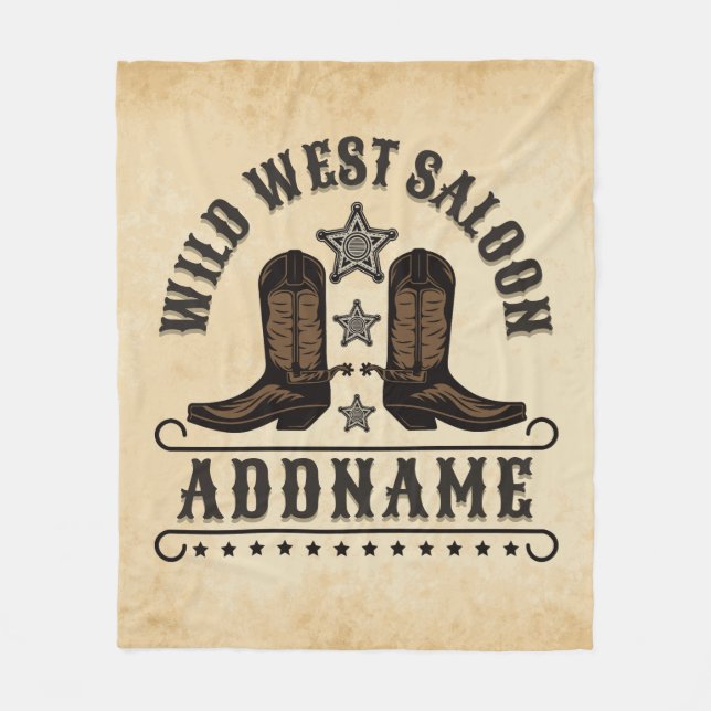 Westerna CowboyBoots ADD NAMN sheriff Spurs Saloon Fleecefilt (Framsidan)
