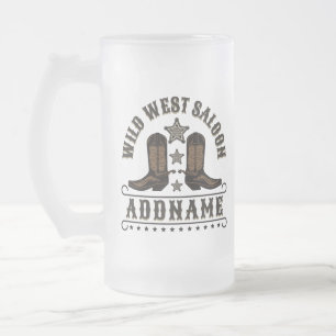Westerna CowboyBoots ADD NAMN sheriff Spurs Saloon Frostat Ölglas