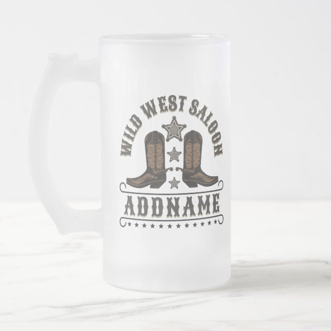 Westerna CowboyBoots ADD NAMN sheriff Spurs Saloon Frostat Ölglas (Vänster)