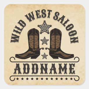 Westerna CowboyBoots ADD NAMN sheriff Spurs Saloon Fyrkantigt Klistermärke
